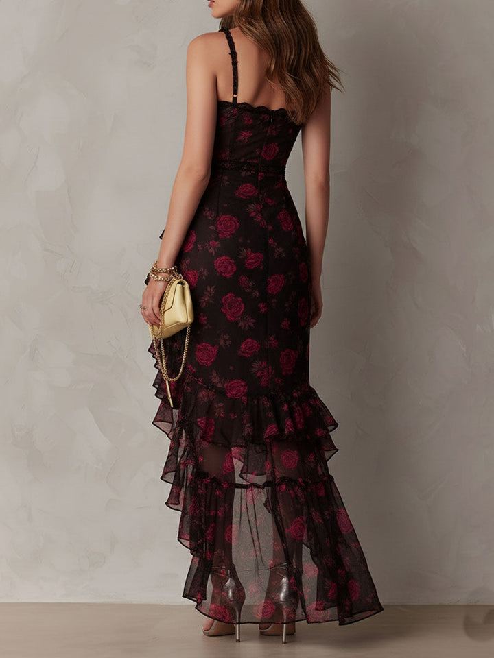 Scarlett | Black & Red Floral Ruffle Dress